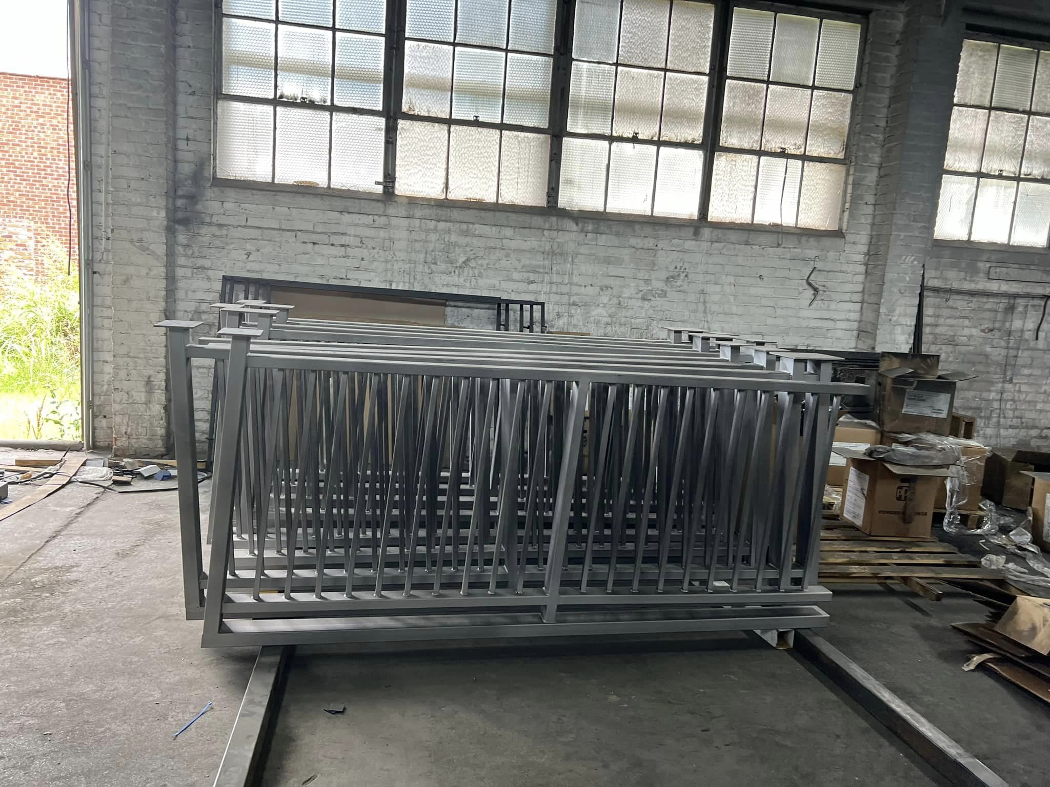 A large metal rack in an industrial setting.