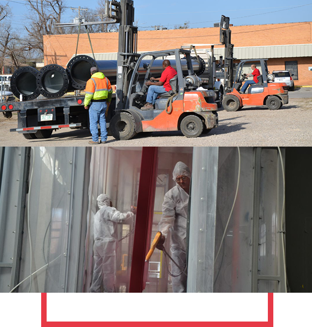 A forklift is parked in front of a building.